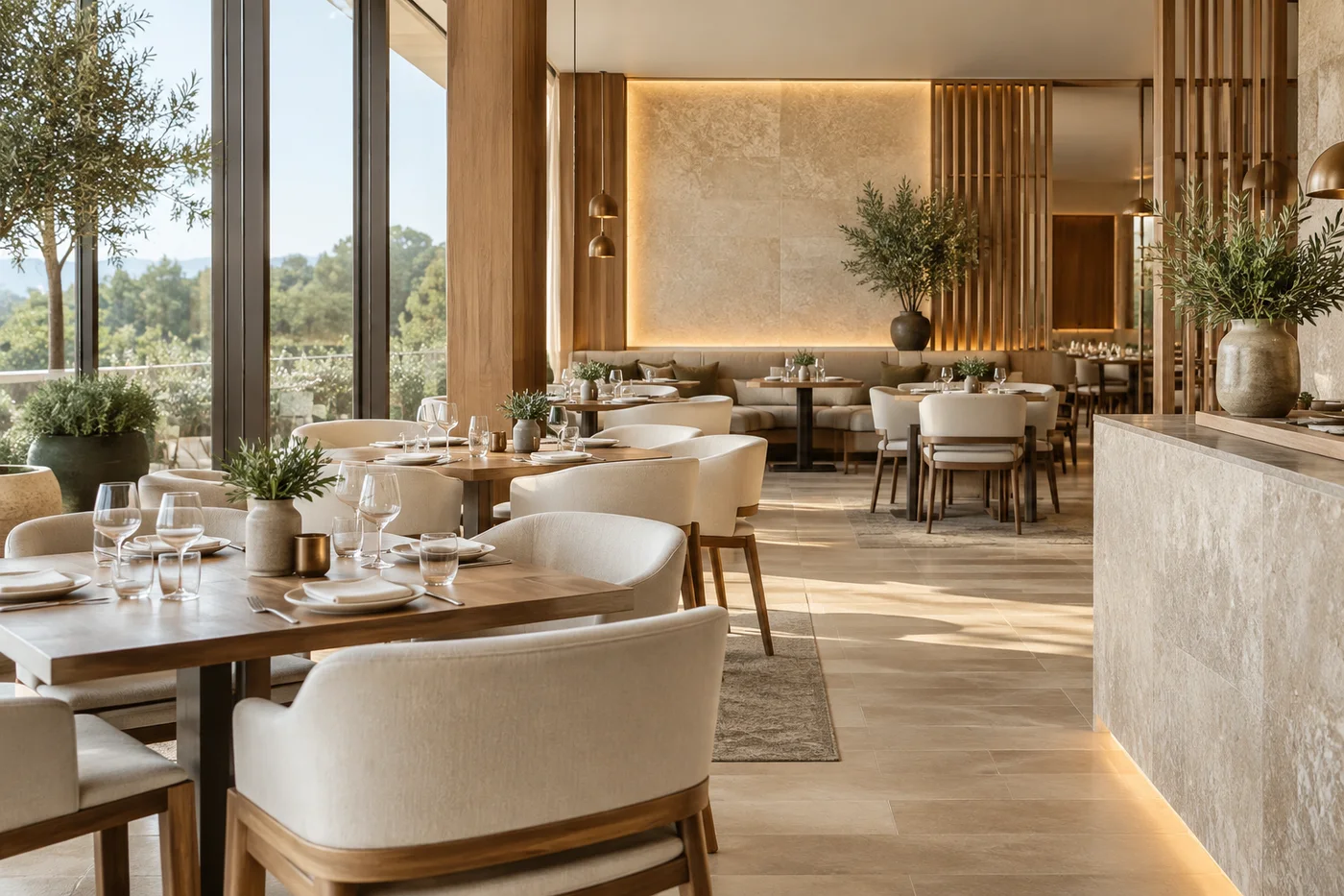 Illustrative hotel restaurant with timber details and warm neutral seating