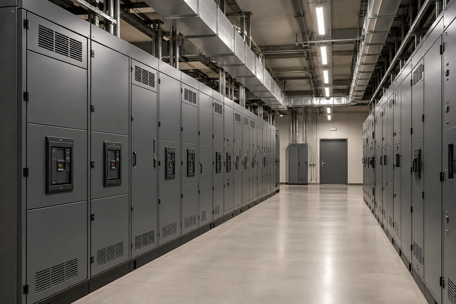 Illustrative modern switchgear room with orderly distribution panels