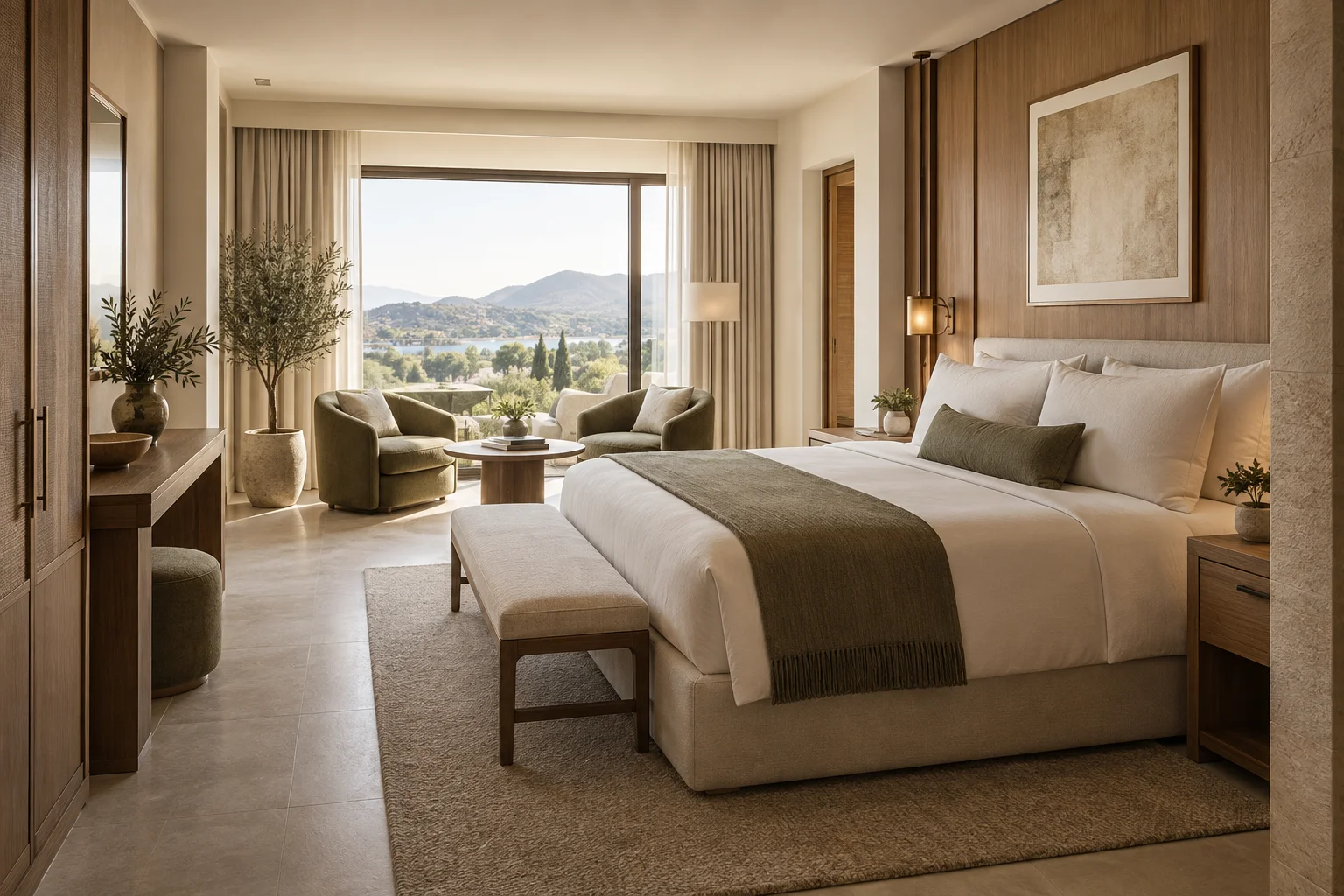 Illustrative hotel suite with warm timber, cream linen and natural daylight