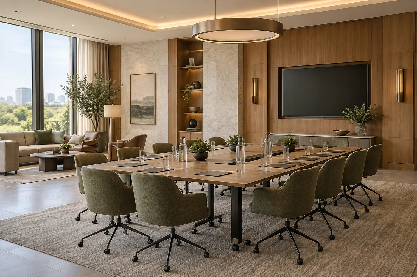 Illustrative warm hotel meeting and lounge space