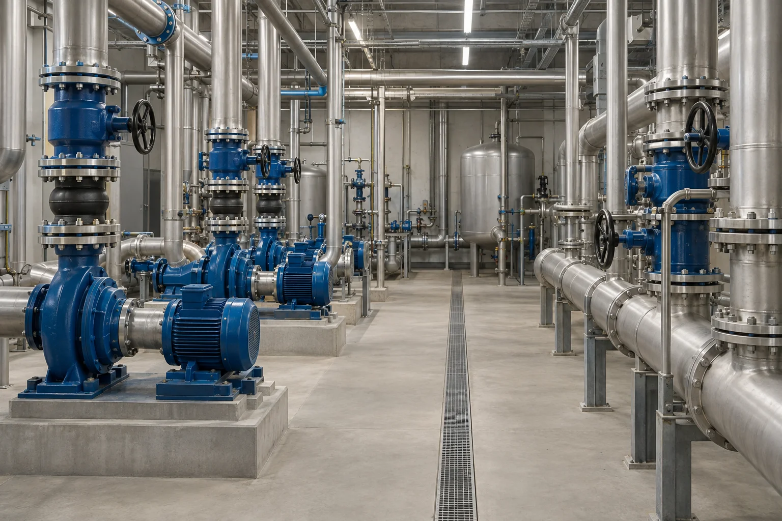 Illustrative mechanical plant room with steel water pipes and pumps